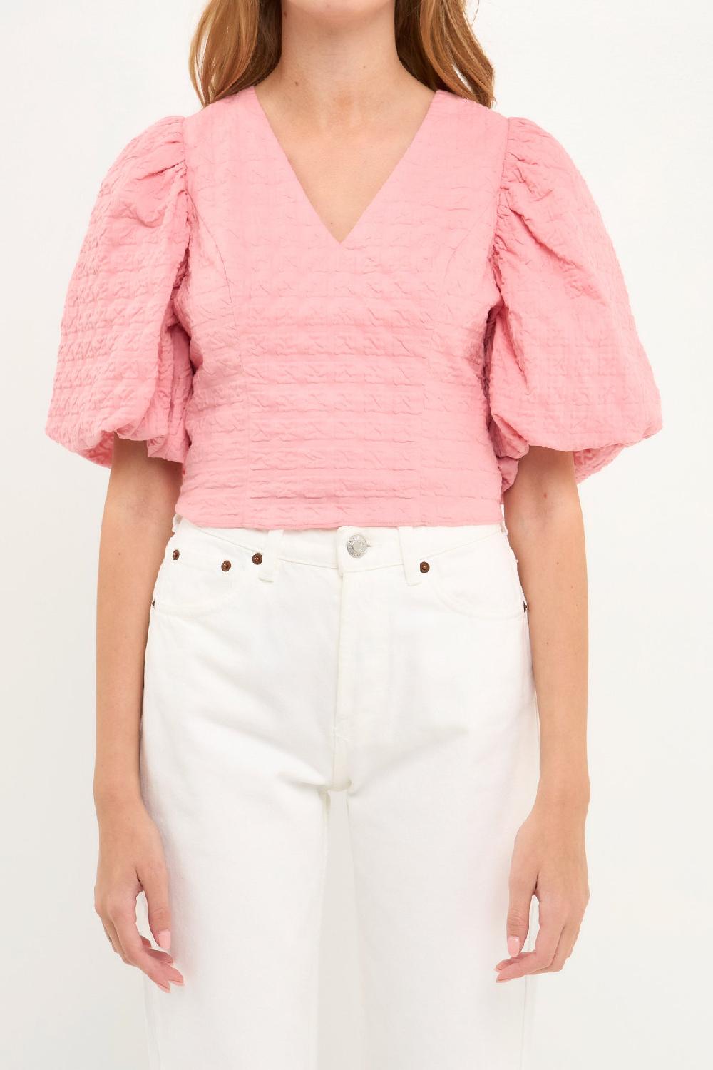 Endless Rose Puff Sleeve Check Jacquard Top PINK