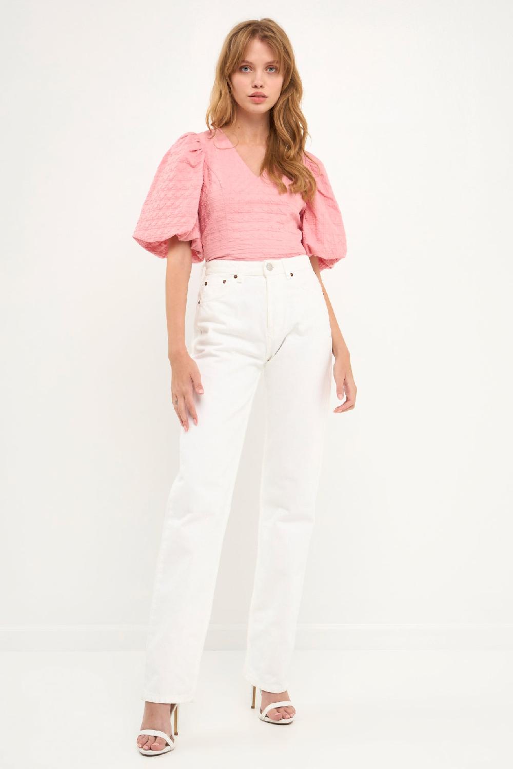 Endless Rose Puff Sleeve Check Jacquard Top PINK