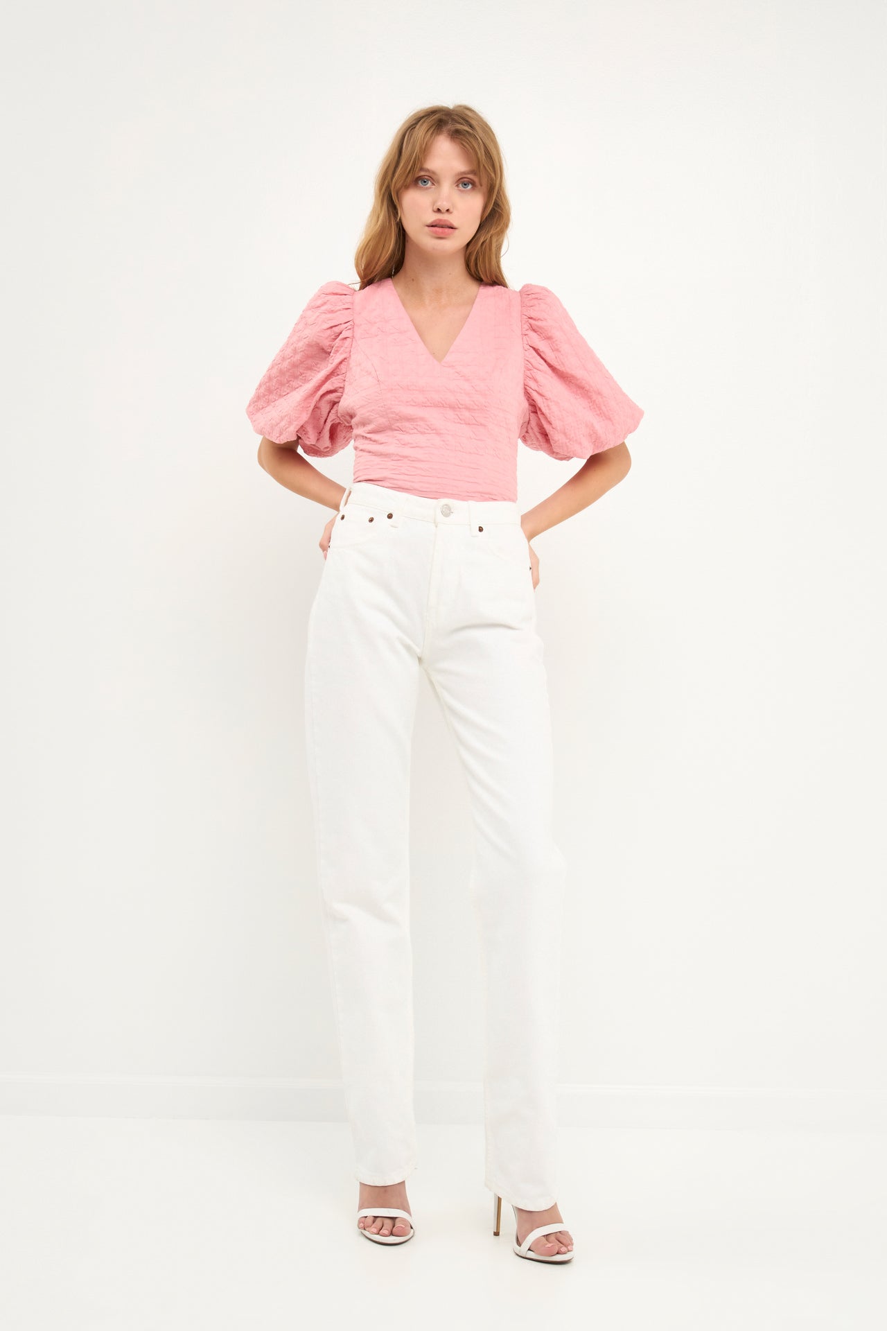 endless rose Puff Sleeve Check Jacquard Top PINK