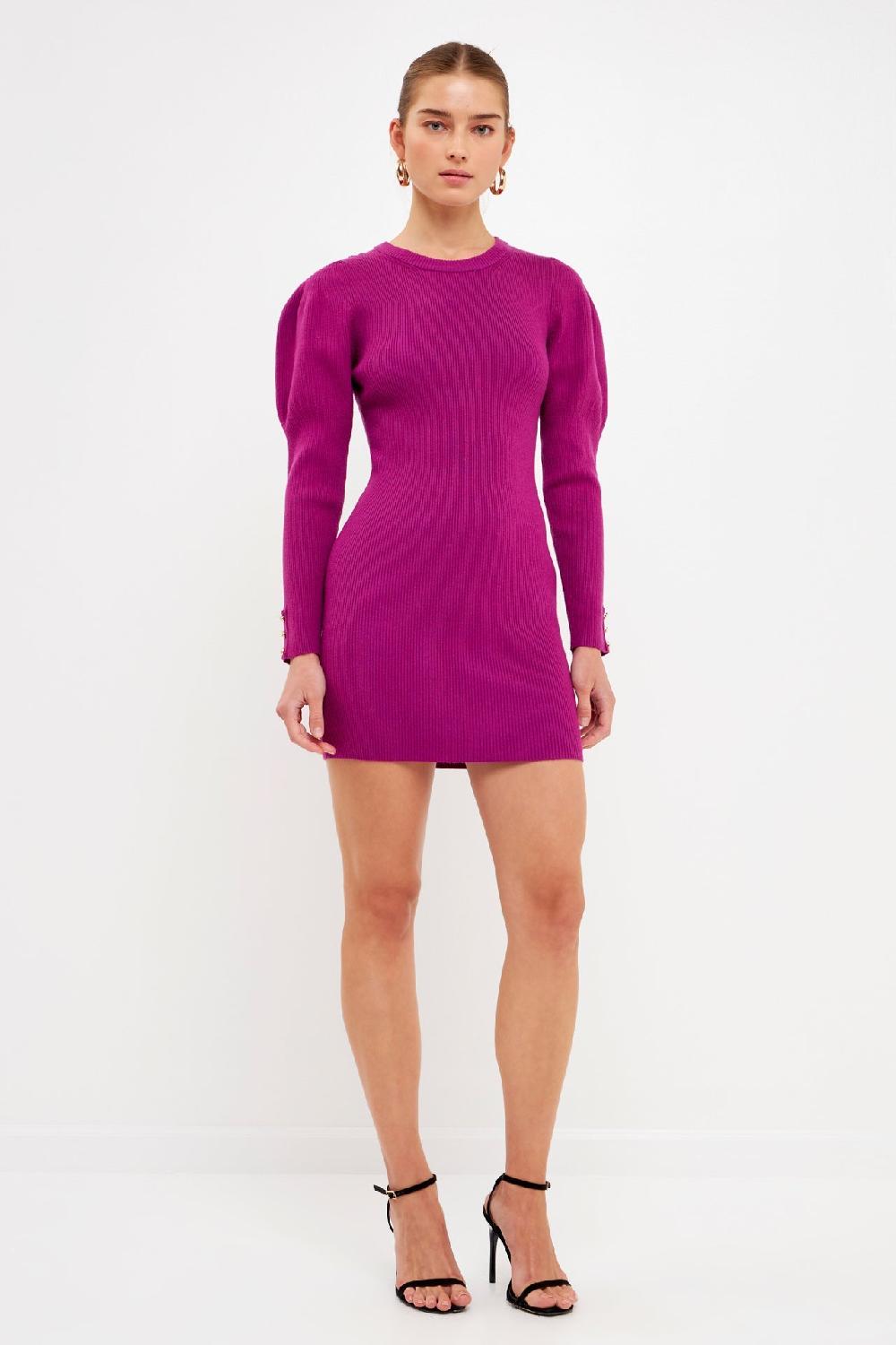 endless rose Puff Sleeve Knit Dress PLUM