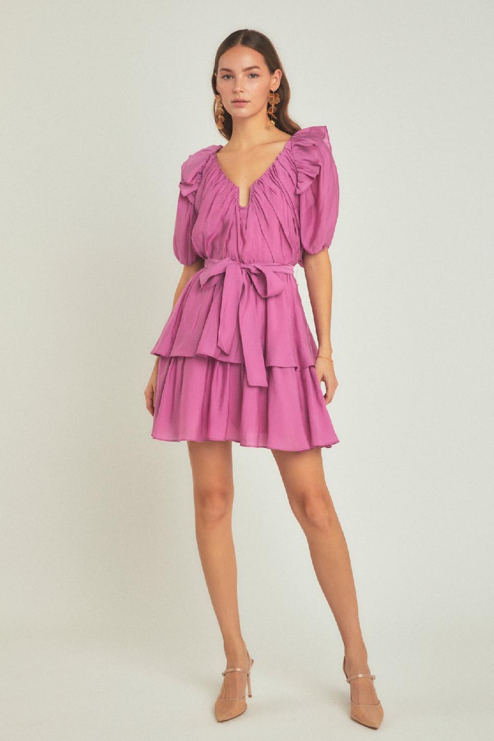 endless rose Puff Sleeve Layered Mini Dress ORCHID