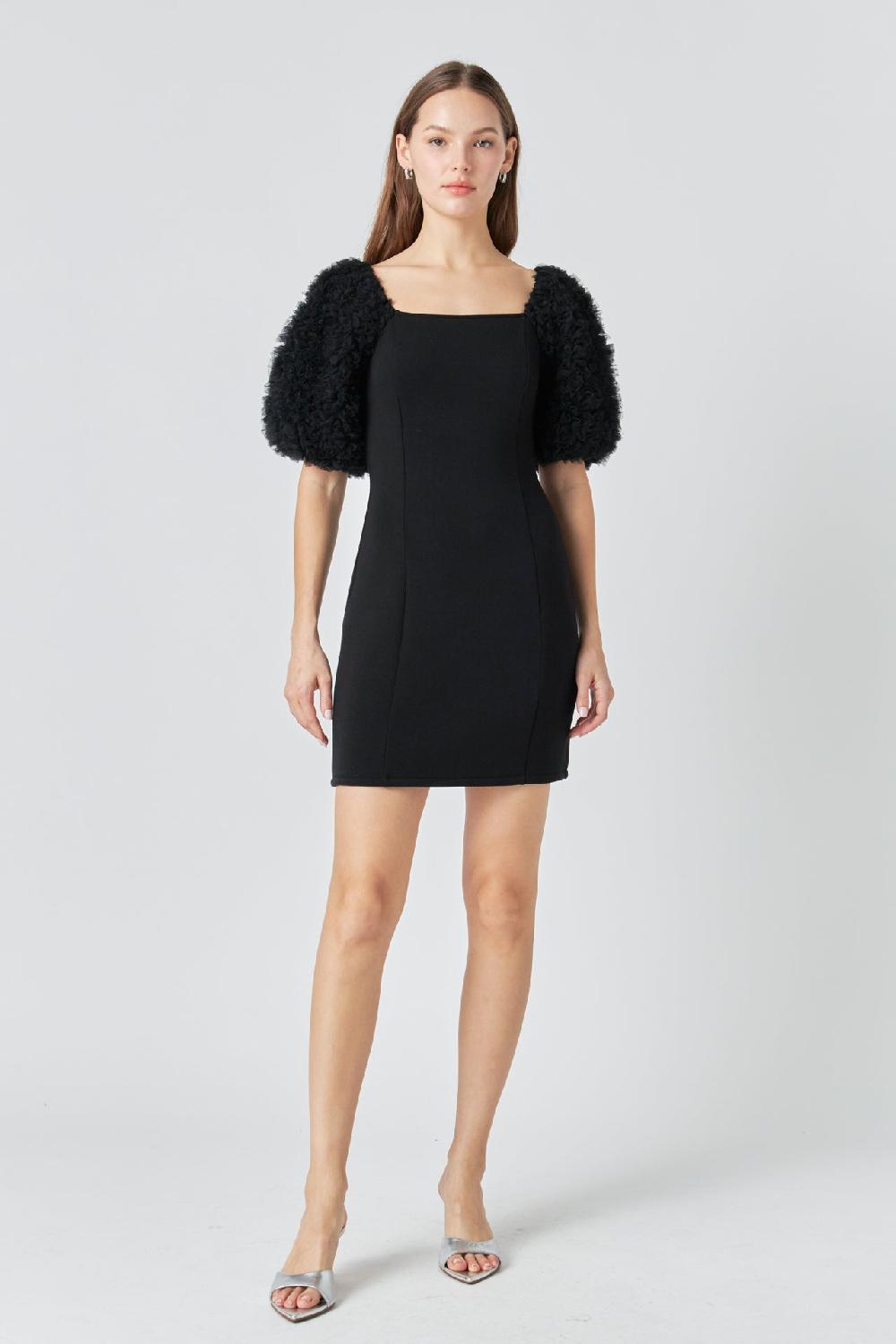 endless rose Puff Sleeve Mini Dress BLACK