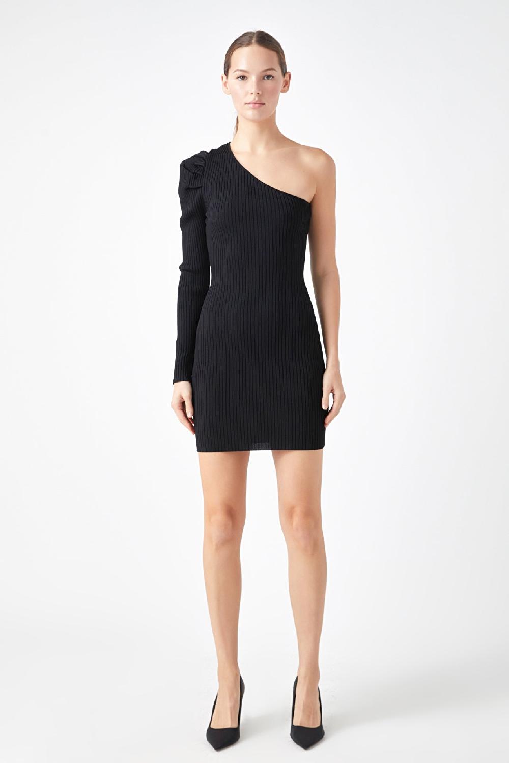 endless rose Puff Sleeve One Shoulder Dress BLACK