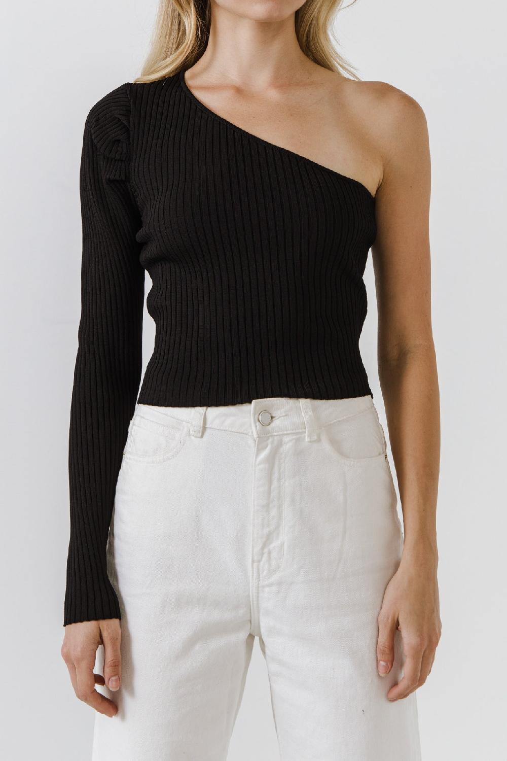 Endless Rose Puff Sleeve One Shoulder Top BLACK