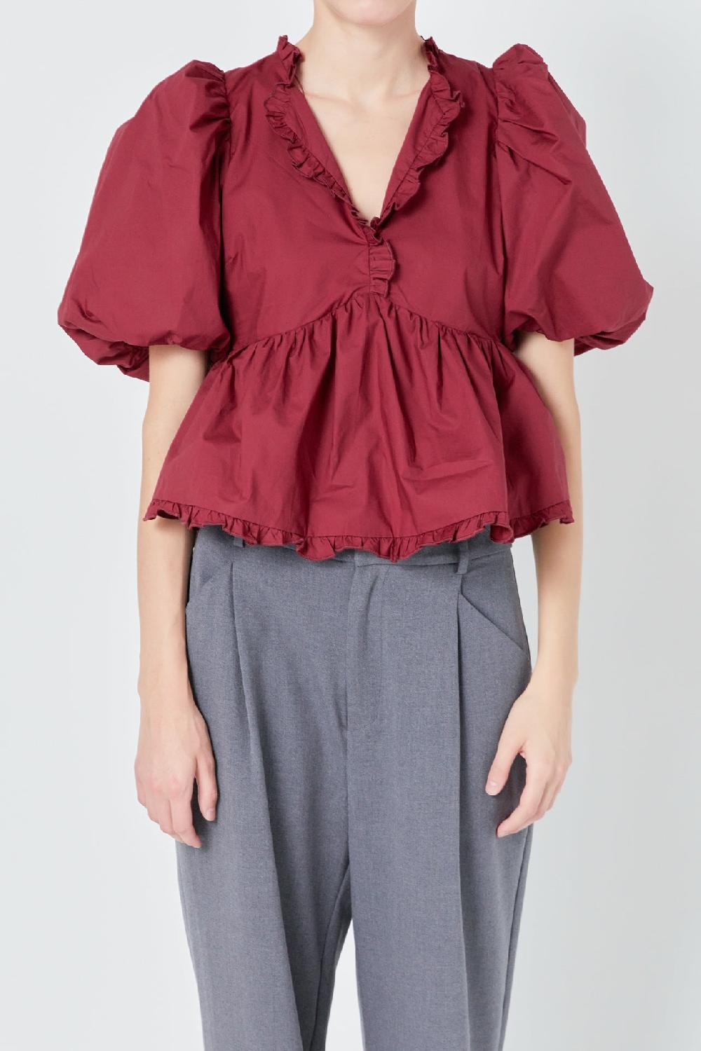 Endless Rose Puff Sleeve Peplum Top FUCHSIA