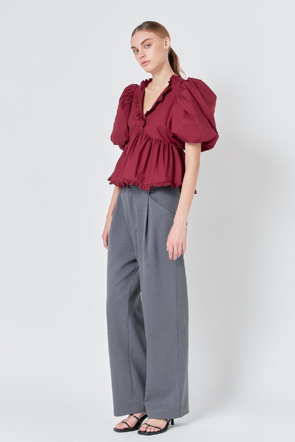 Endless Rose Puff Sleeve Peplum Top FUCHSIA