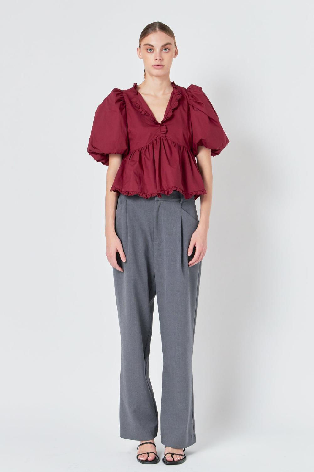 endless rose Puff Sleeve Peplum Top FUCHSIA