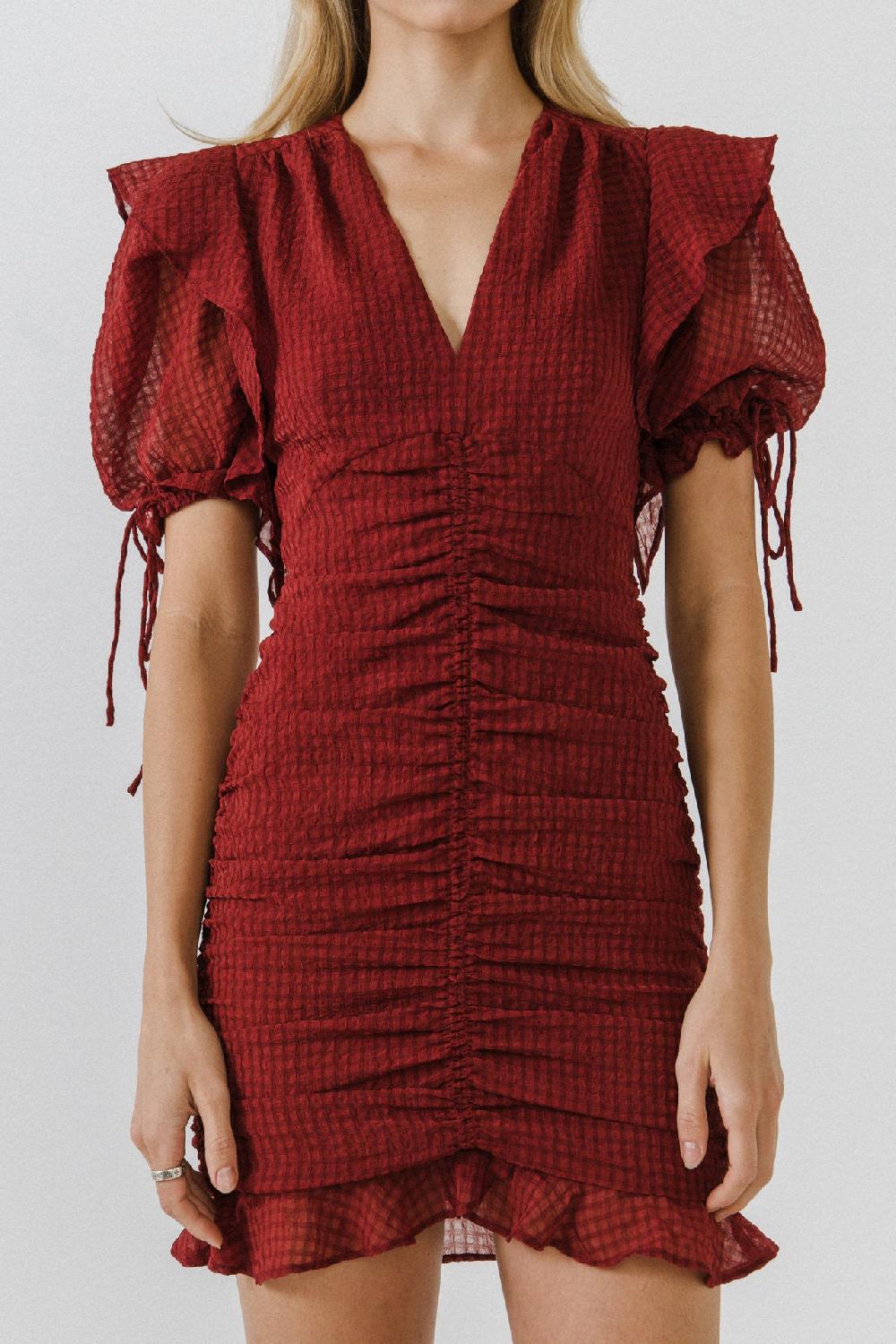 Endless Rose Puff Sleeve Ruched Mini Dress WINE