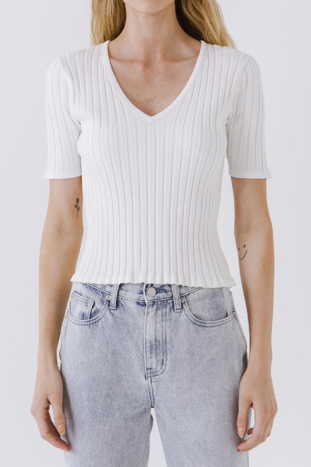 Endless Rose Ribbed Short Sleeve Knit Top WHITE