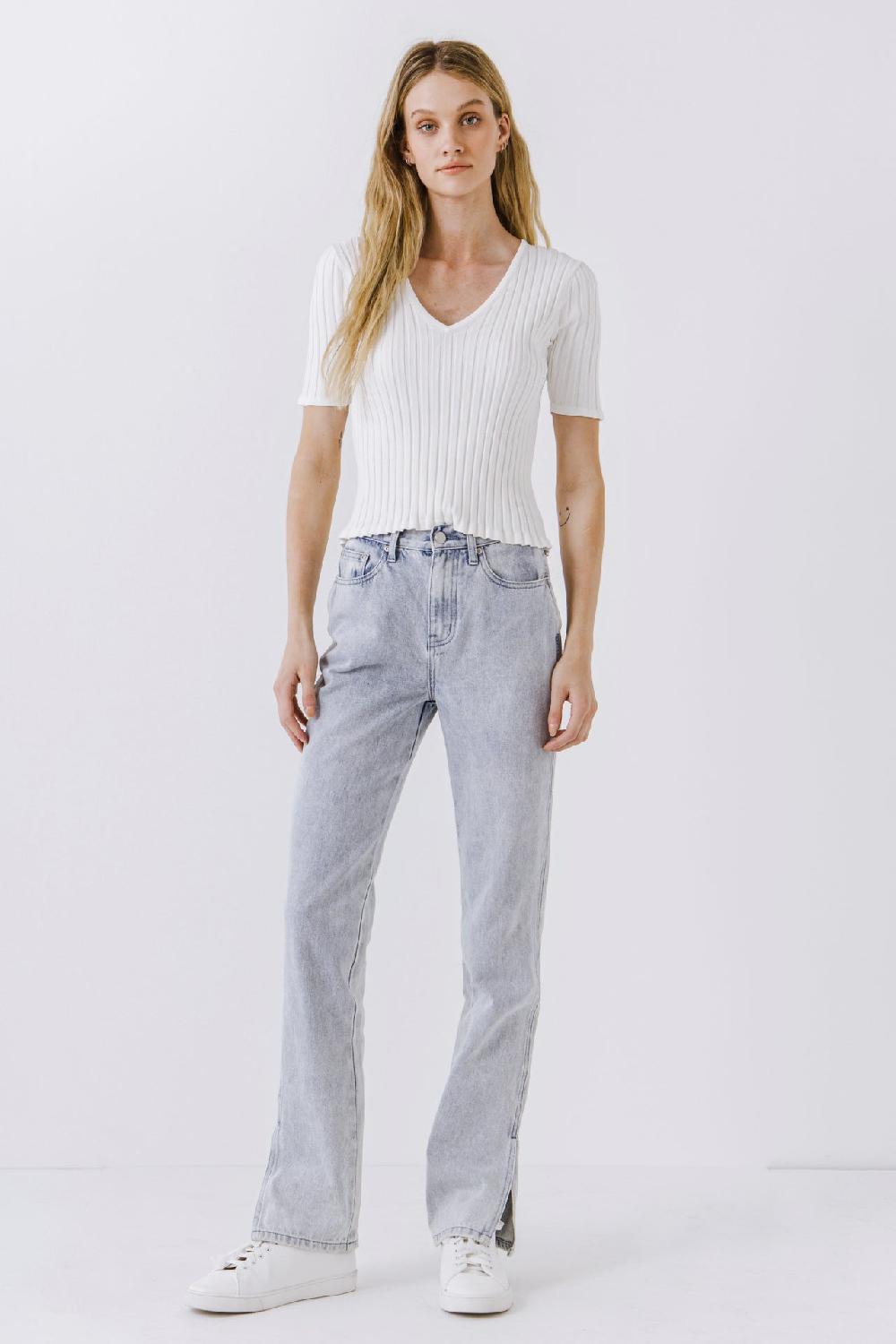 Endless Rose Ribbed Short Sleeve Knit Top WHITE