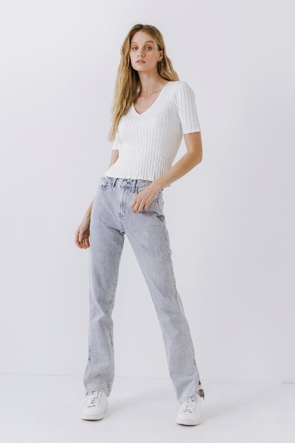 endless rose Ribbed Short Sleeve Knit Top WHITE