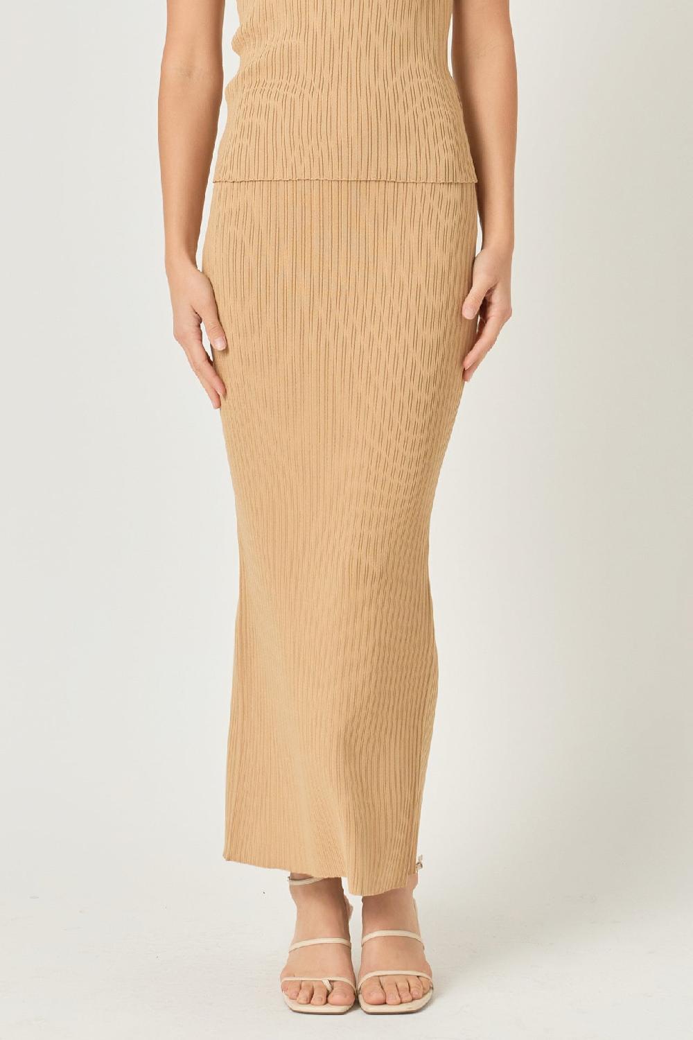 Endless Rose Ribbed Slit Maxi Skirt CAMEL
