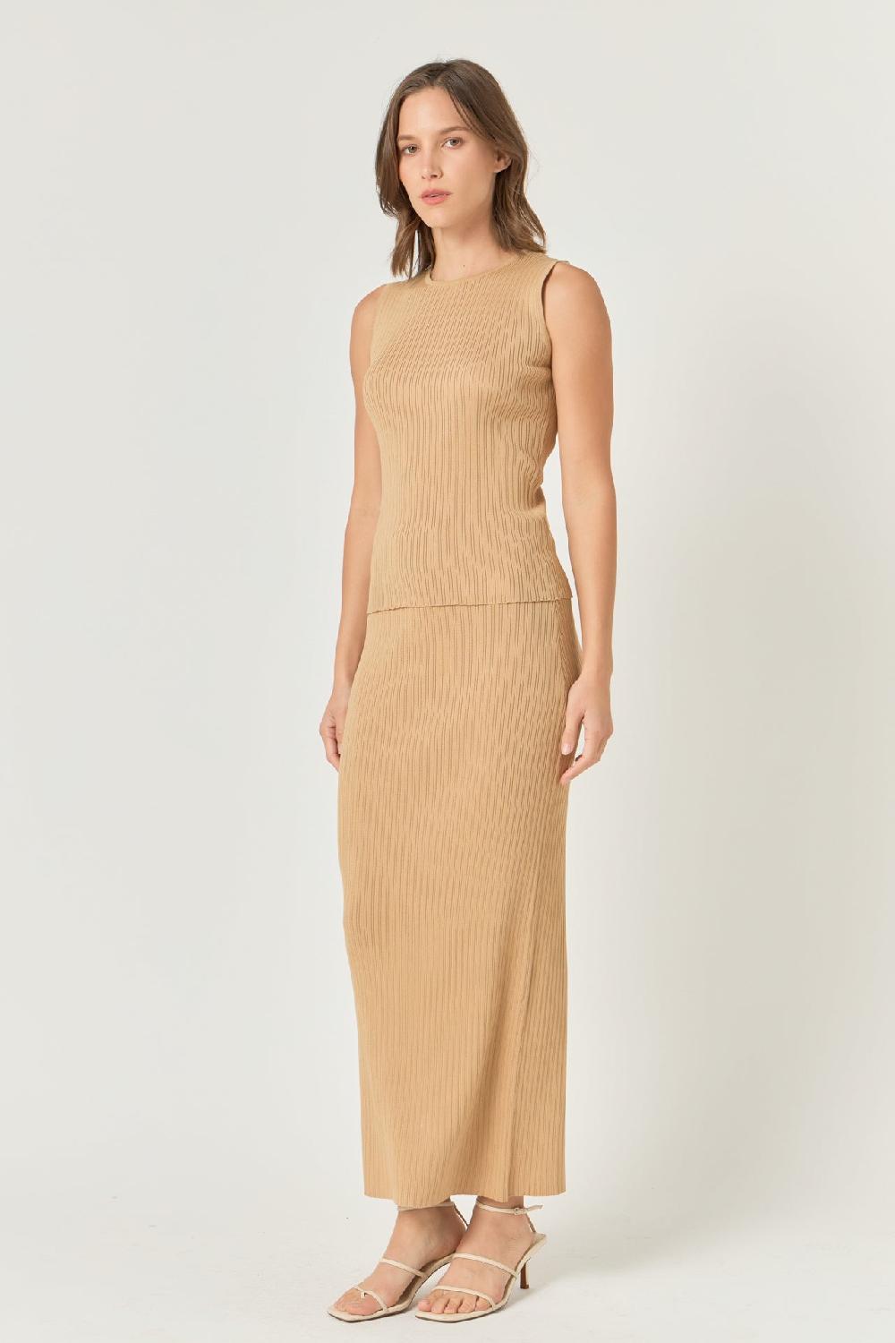 endless rose Ribbed Slit Maxi Skirt CAMEL