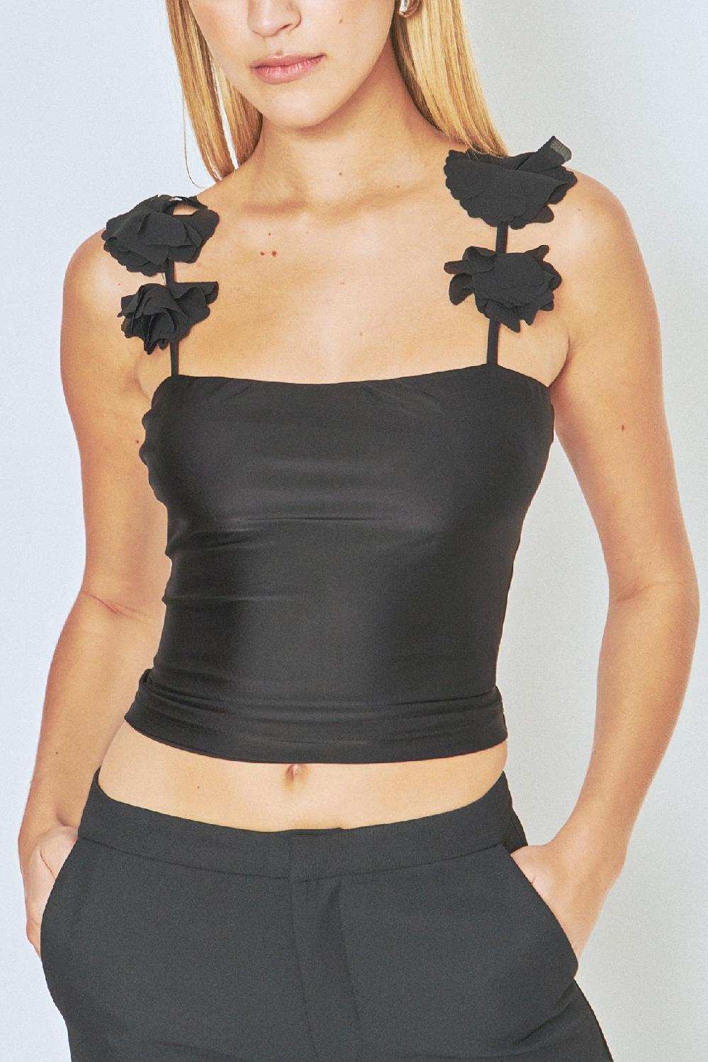 Endless Rose Rosette Shoulder Fitted Top BLACK