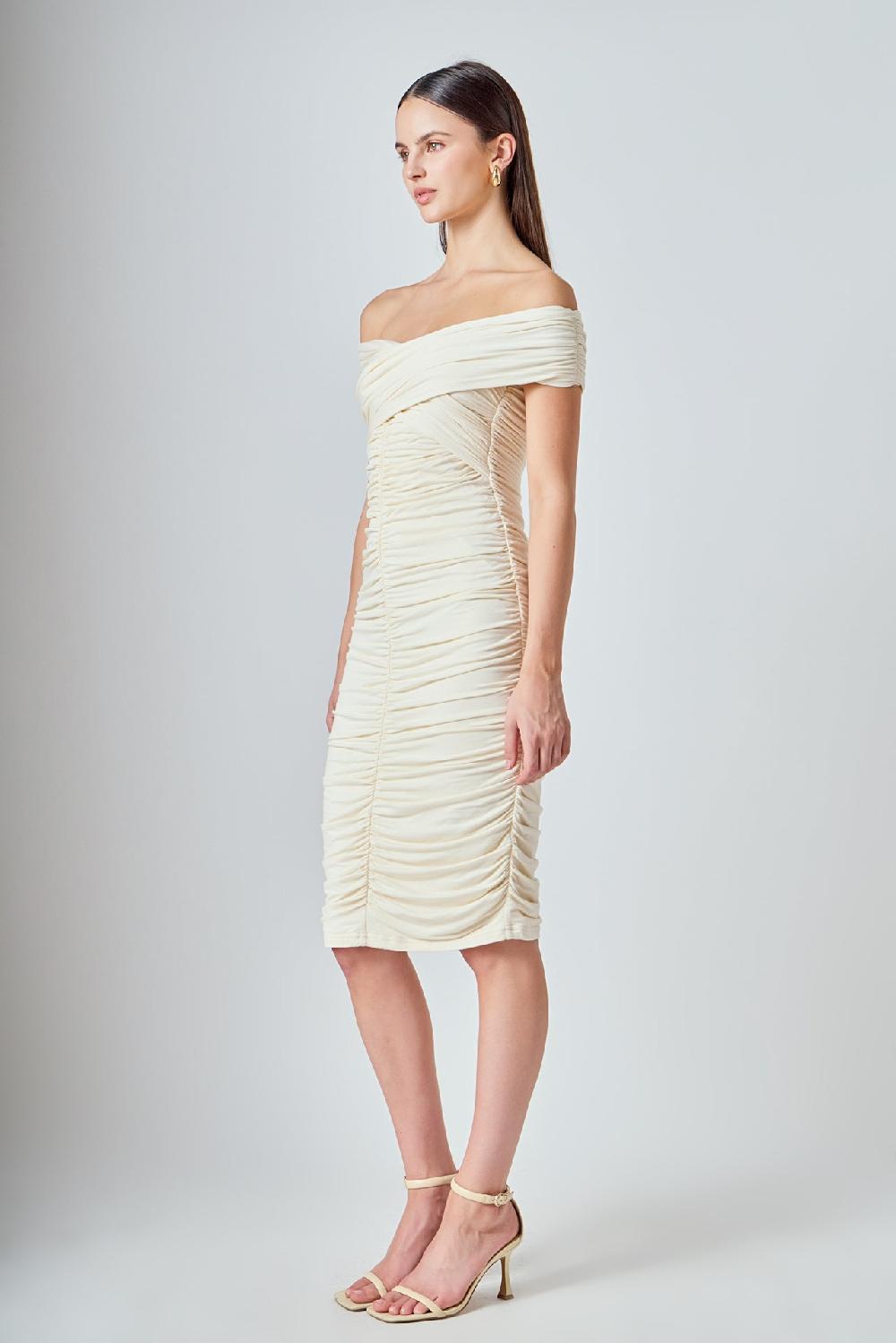 Endless Rose Ruched Bodycon Midi Dress CREAM