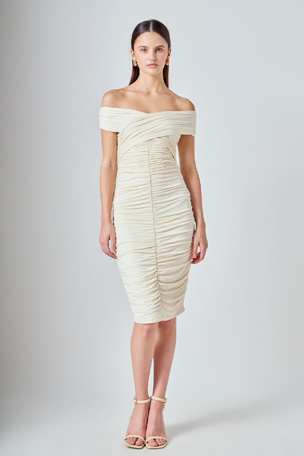 endless rose Ruched Bodycon Midi Dress CREAM