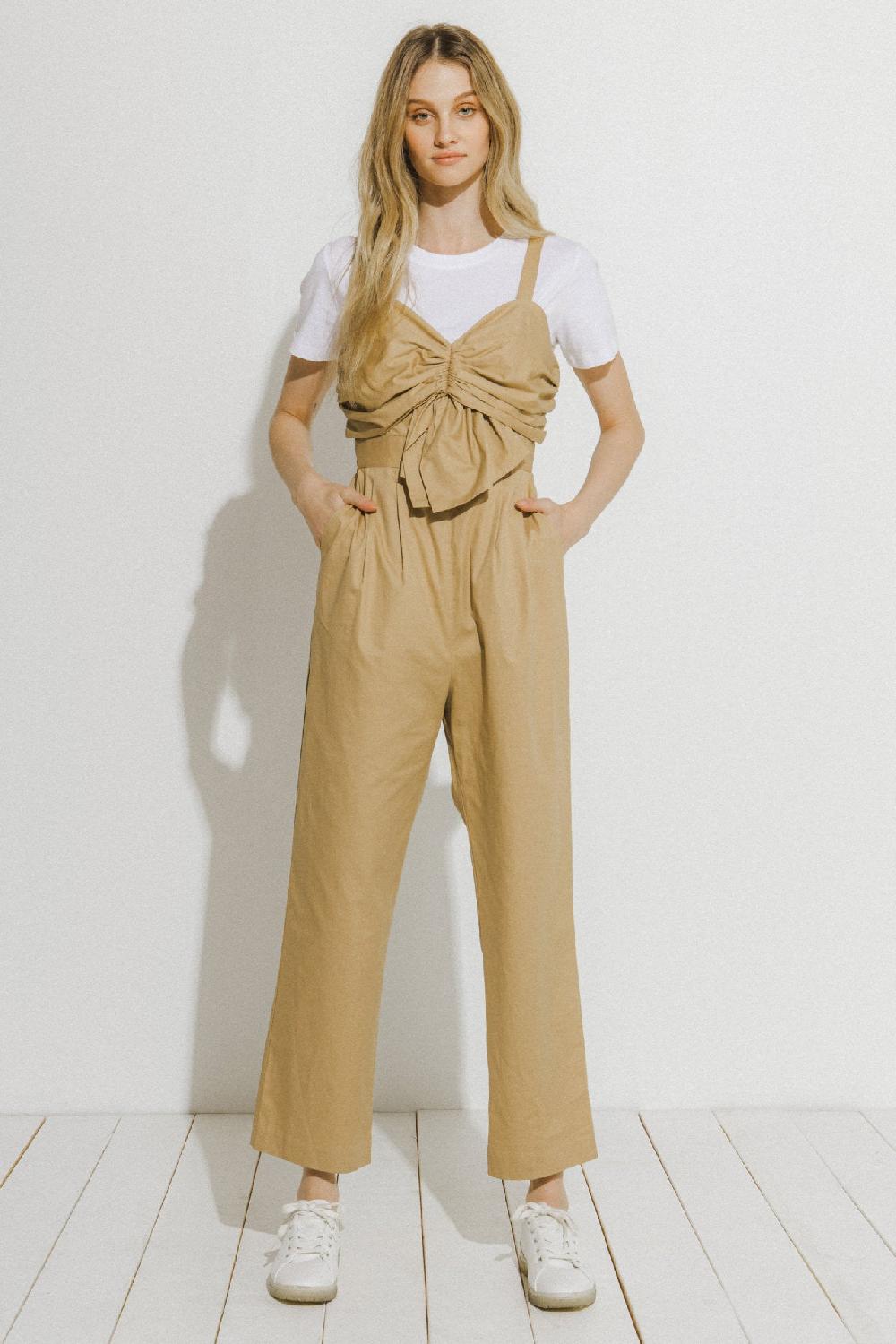 endless rose Ruched Detail Jumpsuit BEIGE