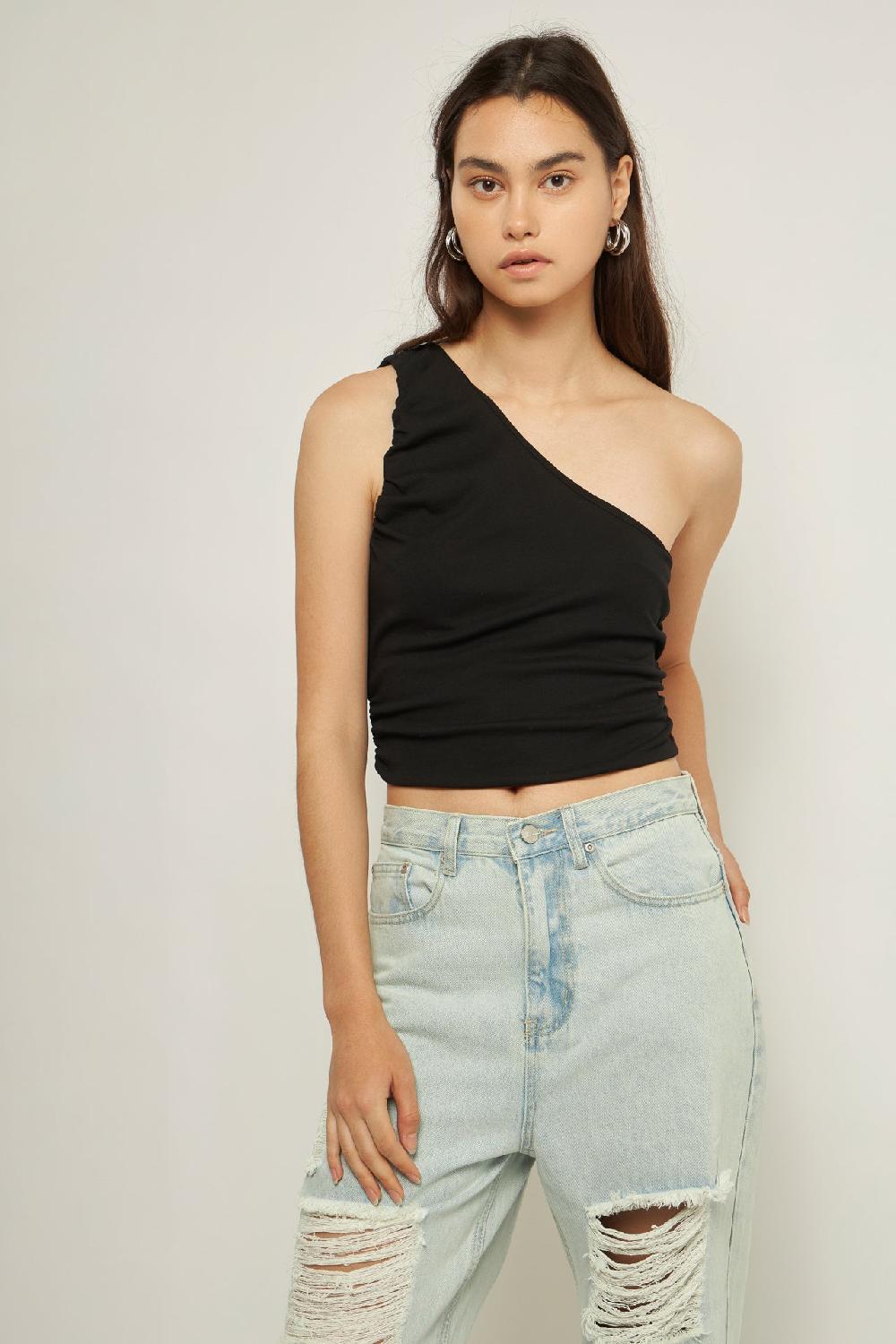 Endless Rose Ruched One Shoulder Crop Top BLACK