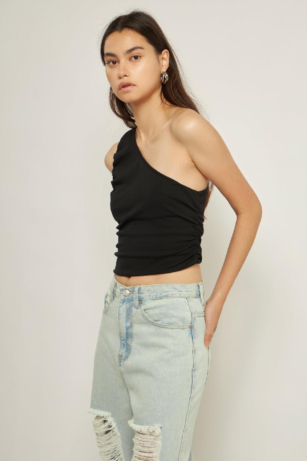 endless rose Ruched One Shoulder Crop Top BLACK
