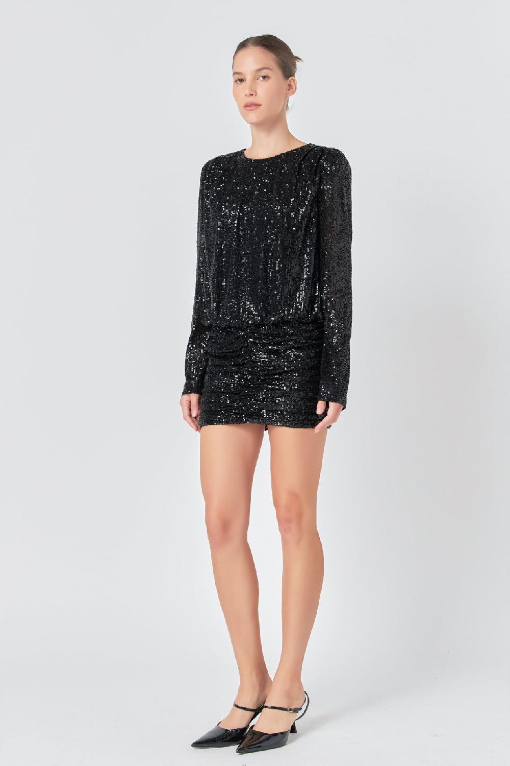 Endless Rose Ruched Sequin Mini Dress BLACK