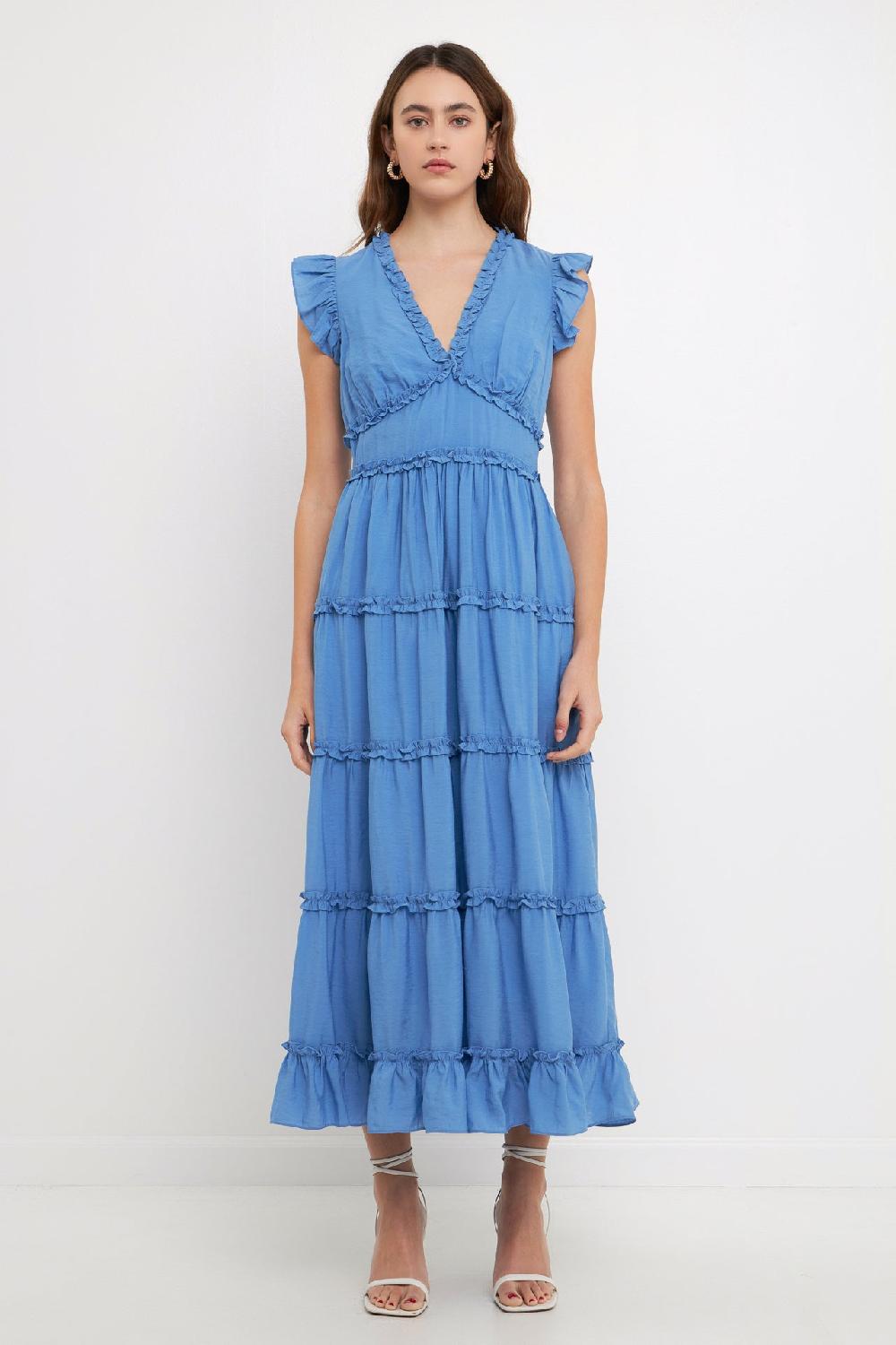 endless rose Ruffle Detail Tiered Long Dress BLUE