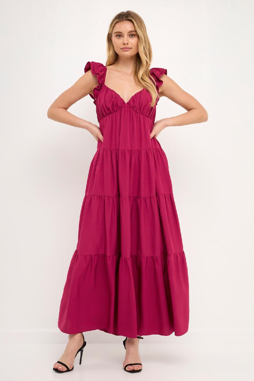 endless rose Ruffle Sleeve Maxi Dress BERRY
