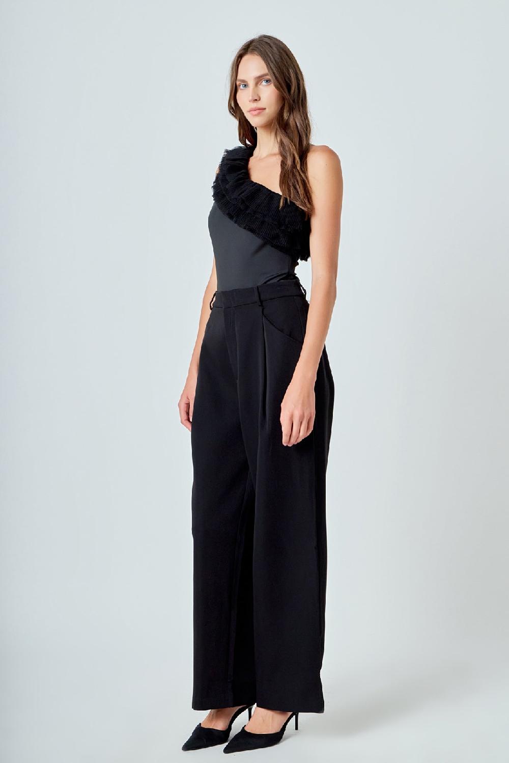 Endless Rose Ruffled Asymmetrical Bodysuit BLACK