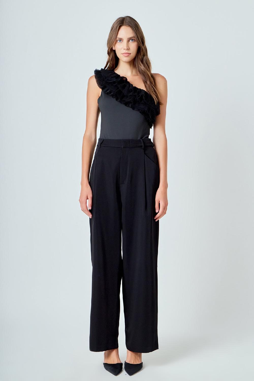 endless rose Ruffled Asymmetrical Bodysuit BLACK