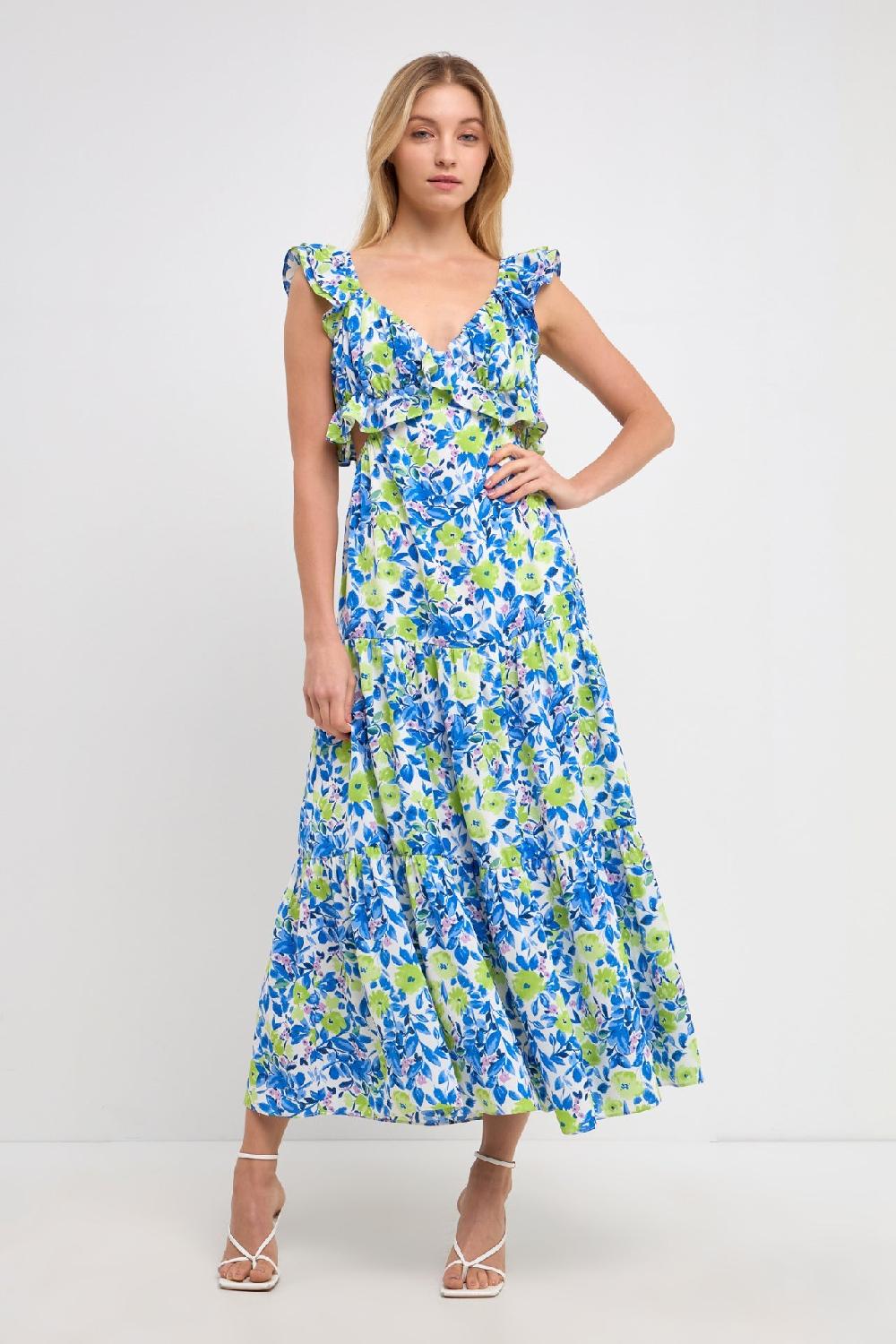 endless rose Ruffled Maxi Dress BLUE/GREEN