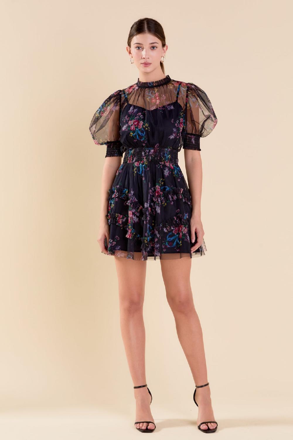 endless rose Ruffled Mesh Mini Dress NAVY