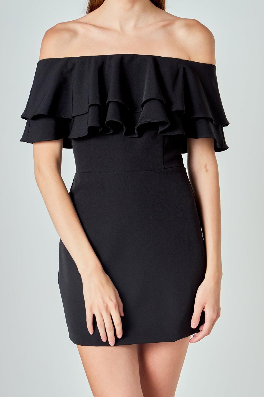 Endless Rose Ruffled Off Shoulder Mini Dress BLACK