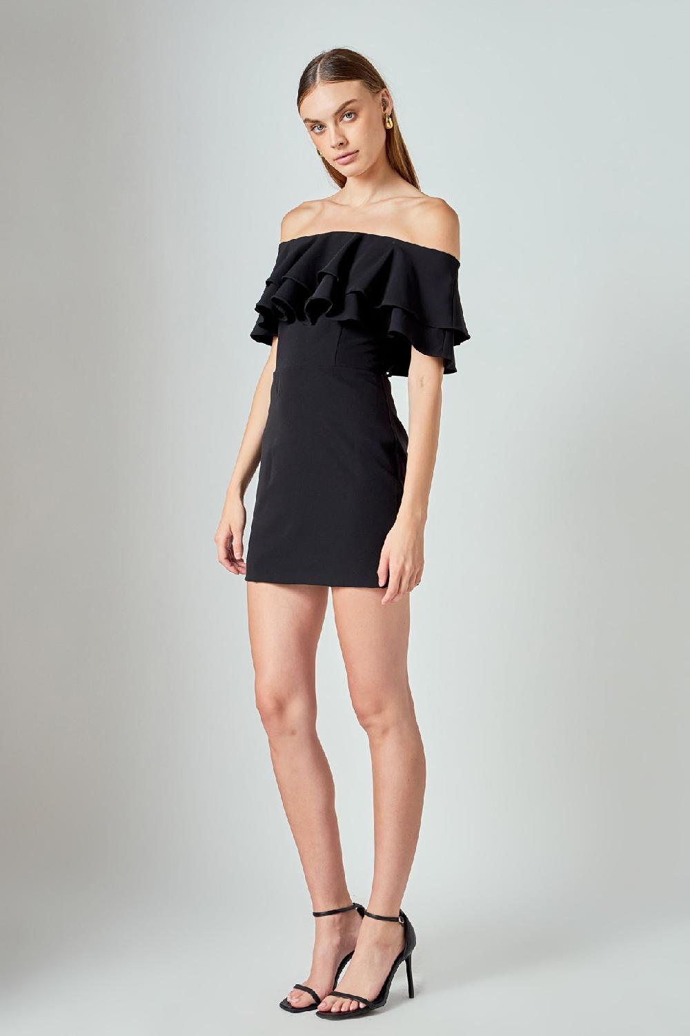 Endless Rose Ruffled Off Shoulder Mini Dress BLACK