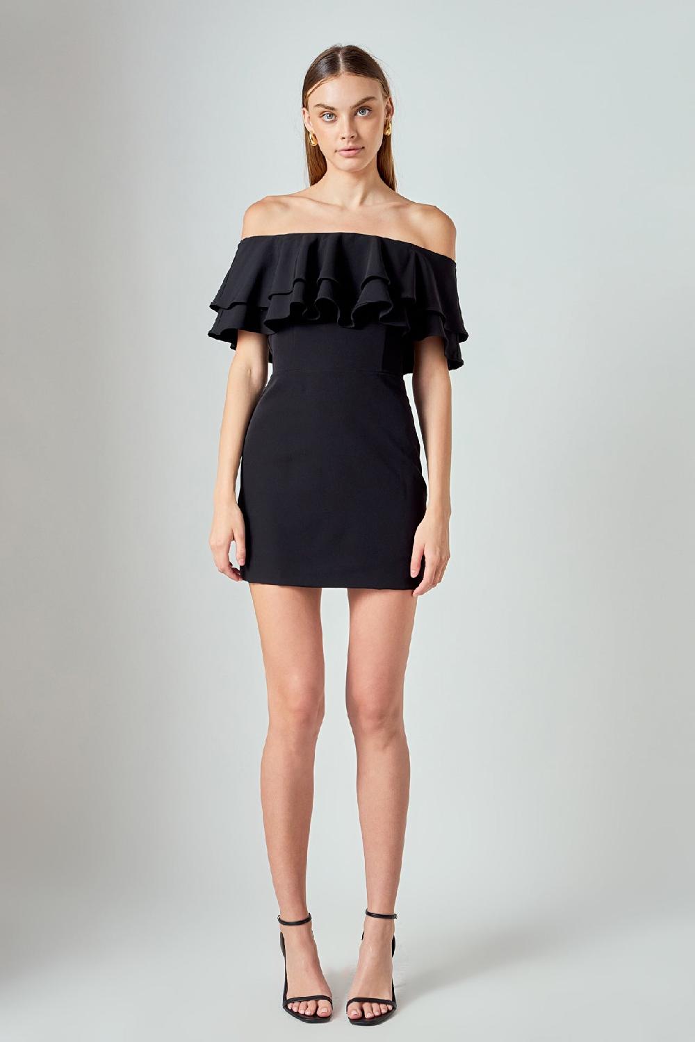 endless rose Ruffled Off Shoulder Mini Dress BLACK
