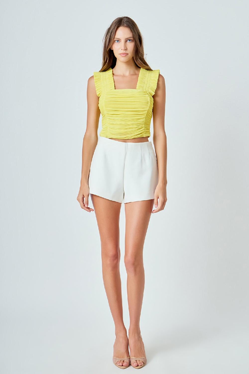 endless rose Ruffled Pleated Mesh Tank Top YELLOW