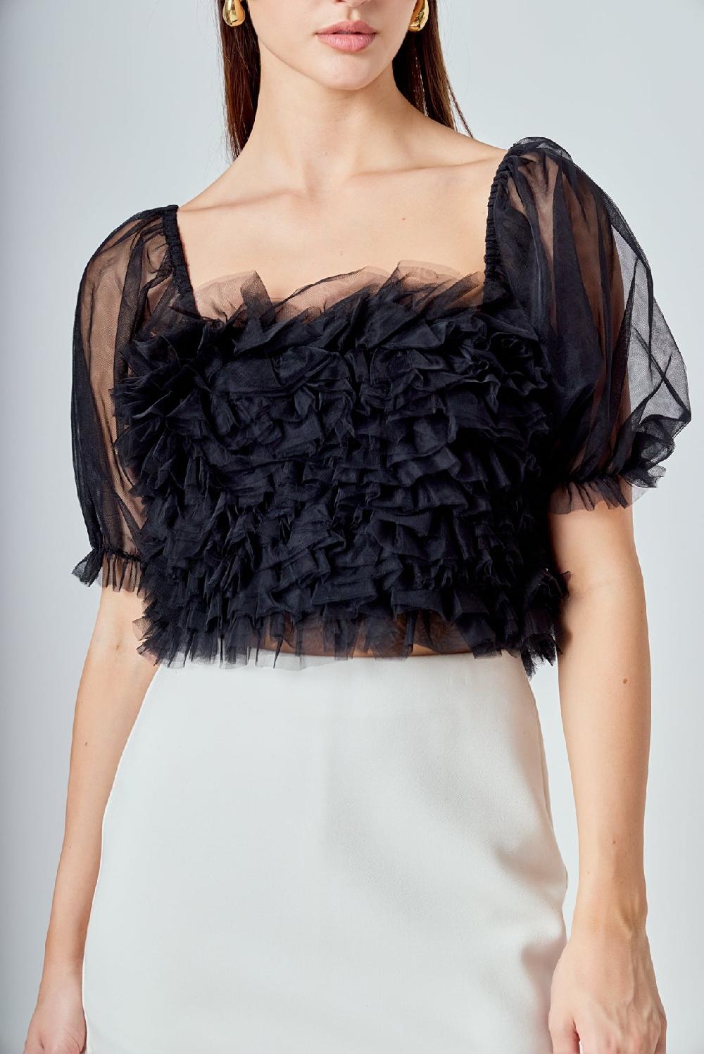 Endless Rose Ruffled Puff Sleeve Tulle Top BLACK