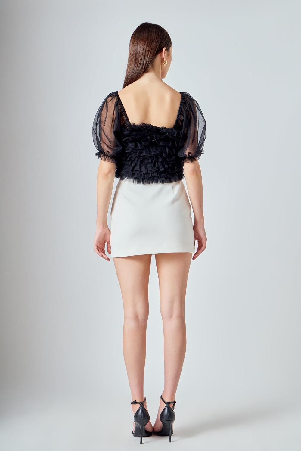Endless Rose Ruffled Puff Sleeve Tulle Top BLACK