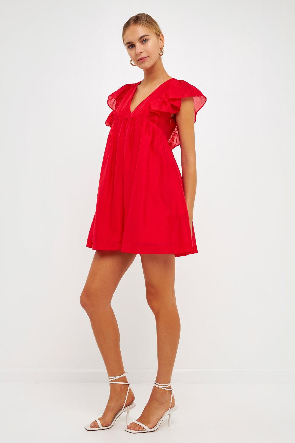Endless Rose Ruffled V Neck Mini Flounce Dress RED