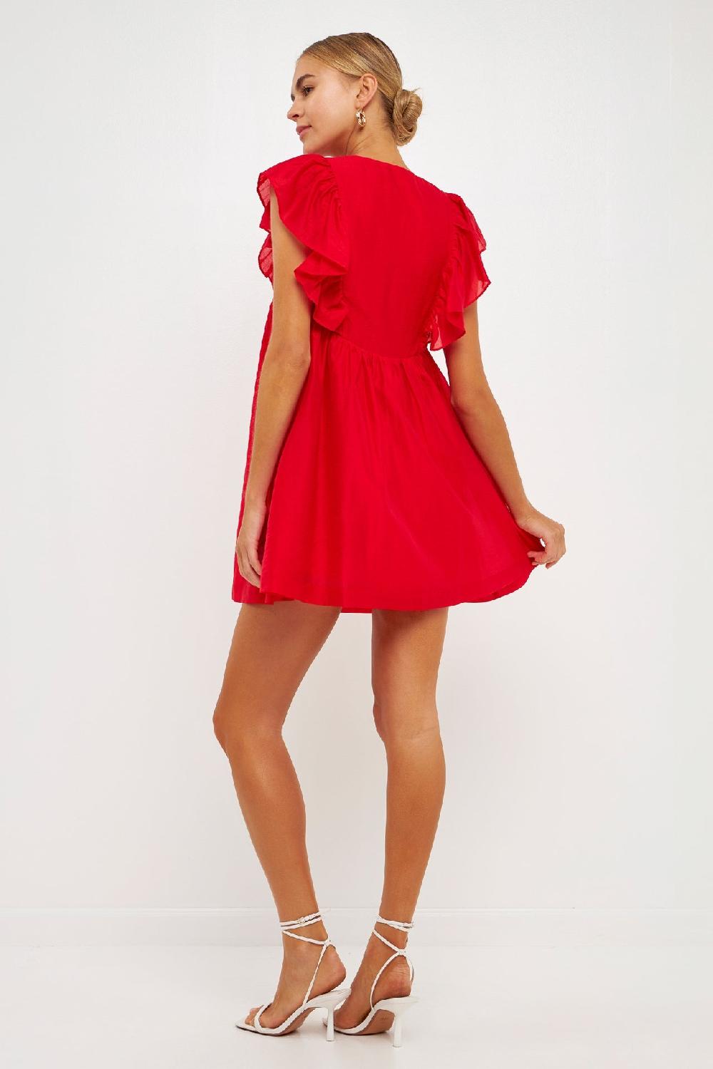 Endless Rose Ruffled V Neck Mini Flounce Dress RED