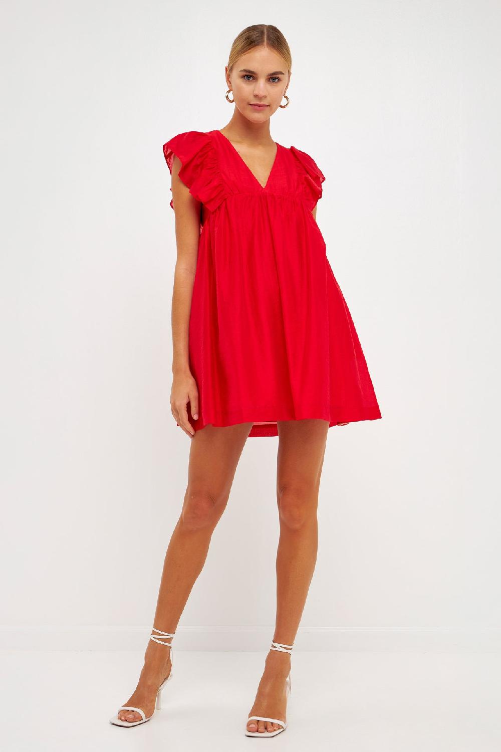 endless rose Ruffled V Neck Mini Flounce Dress RED