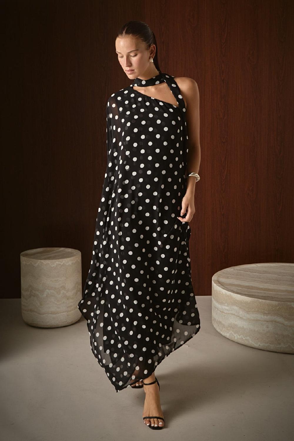 endless rose Sash Polka Dot Maxi Dress BLACK/WHITE