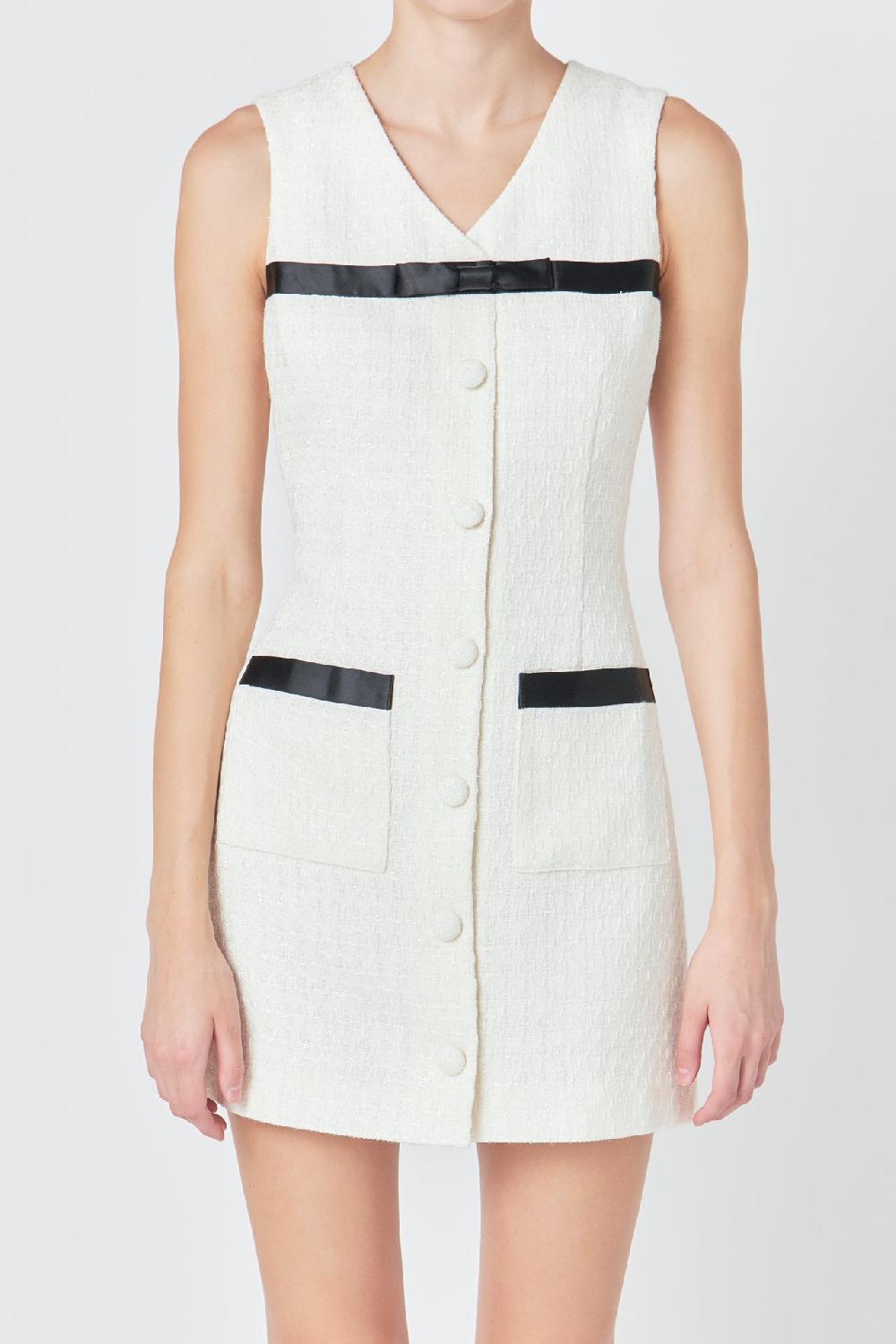 Endless Rose Satin Bow Tweed Shirt Dress IVORY