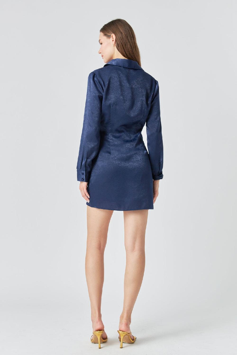 Endless Rose Satin Front Cinched Mini Dress NAVY