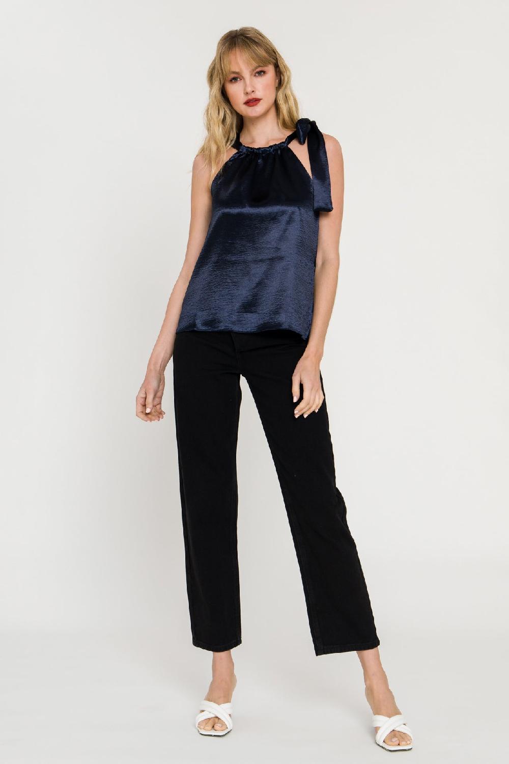 endless rose Satin Halter Neck Tank Top NAVY