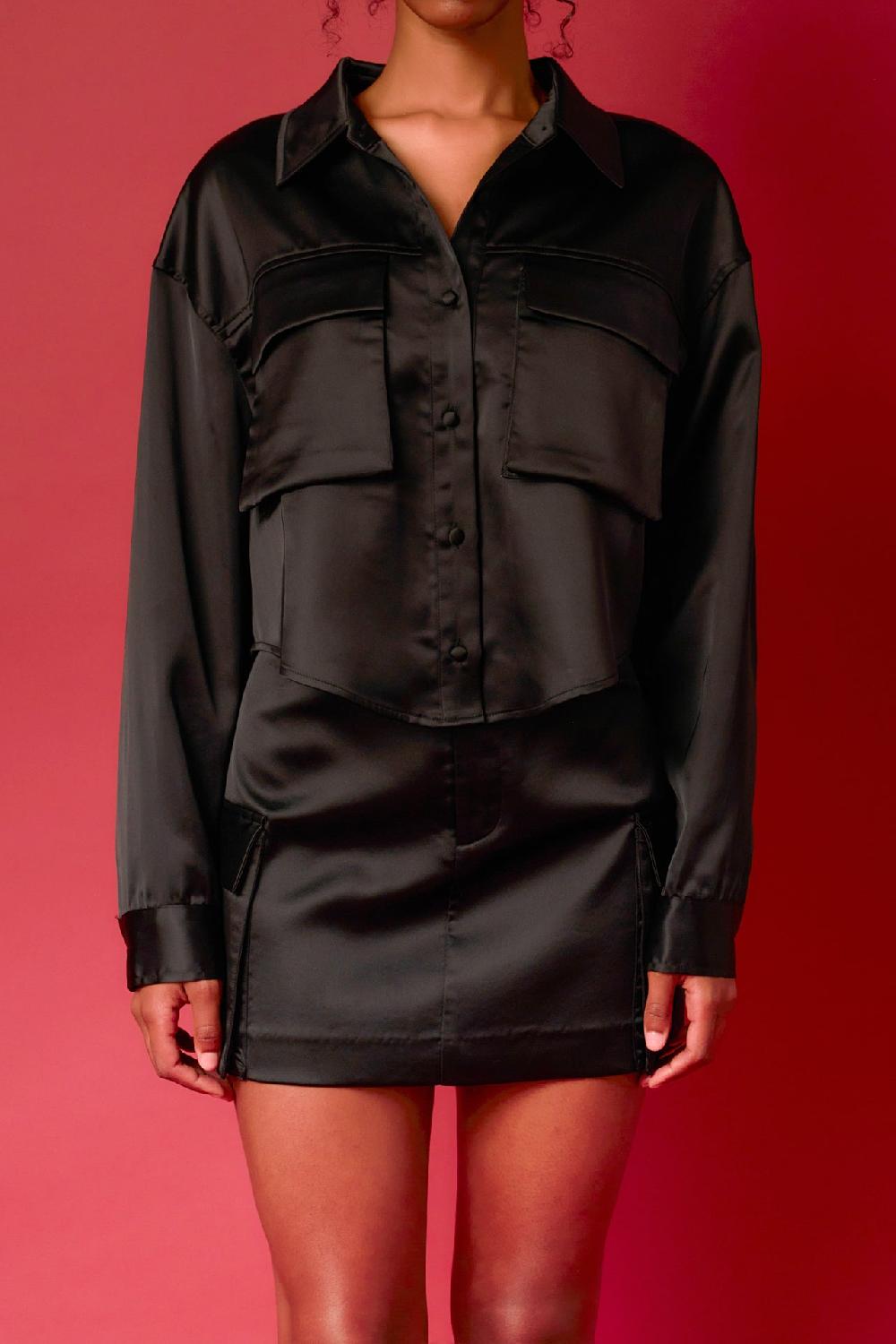 Endless Rose Satin Pocket Detailed Top BLACK