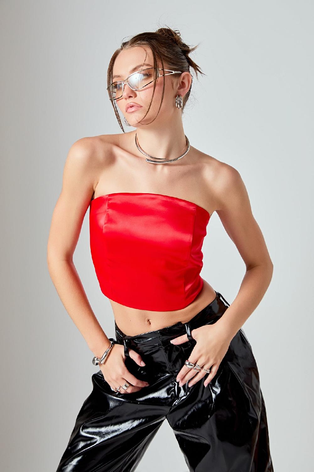 endless rose Satin Strapless Curved Bustier RED
