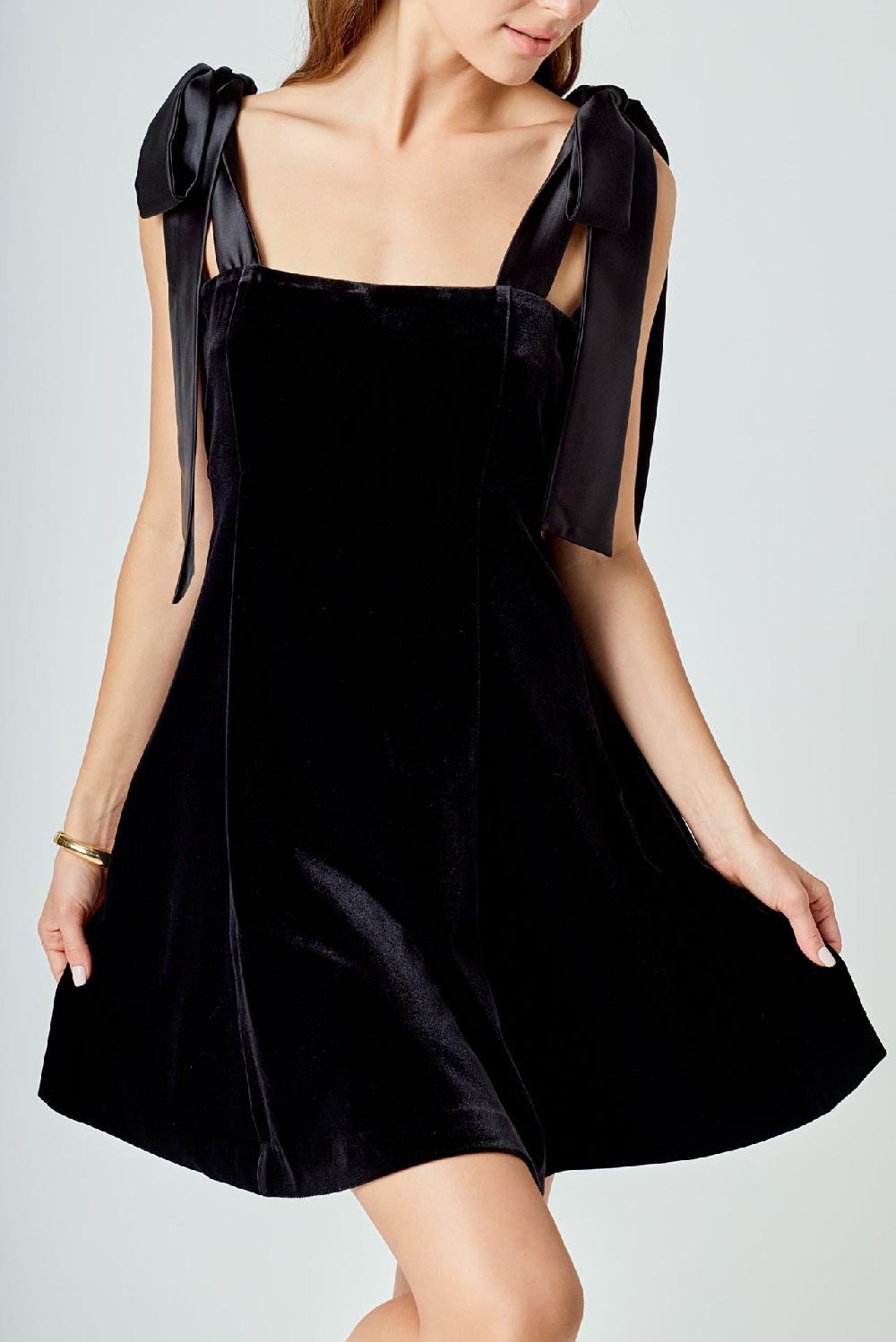 Endless Rose Satin Tie Velvet Mini Dress BLACK