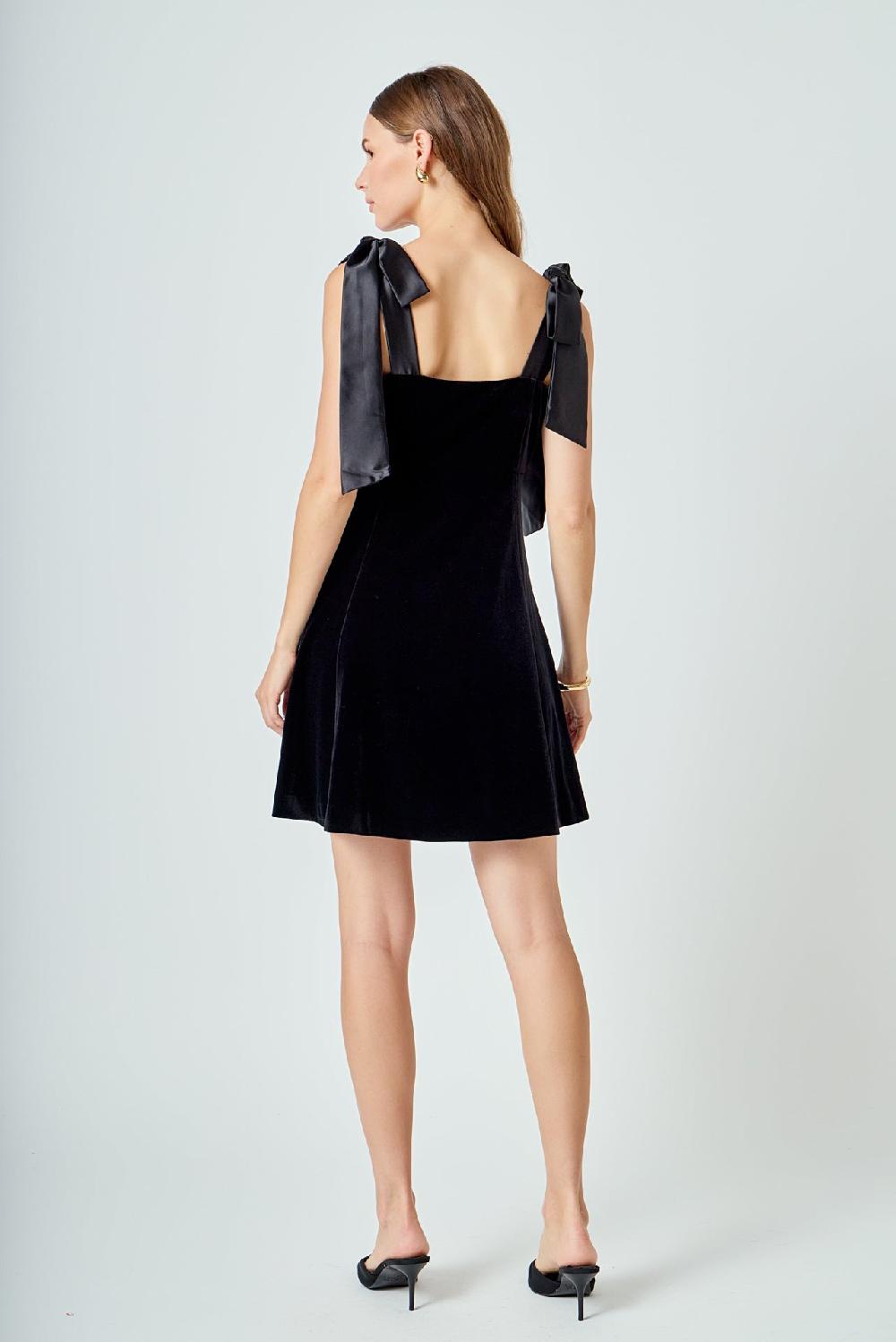 Endless Rose Satin Tie Velvet Mini Dress BLACK
