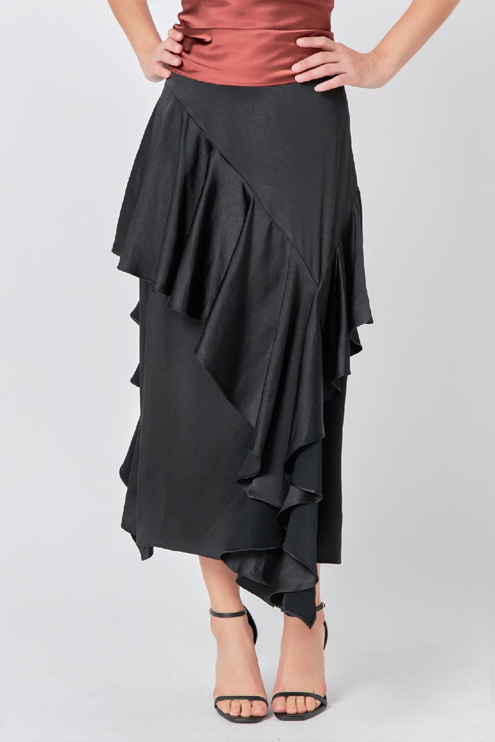 Endless Rose Satin Waterfall Midi Skirt BLACK