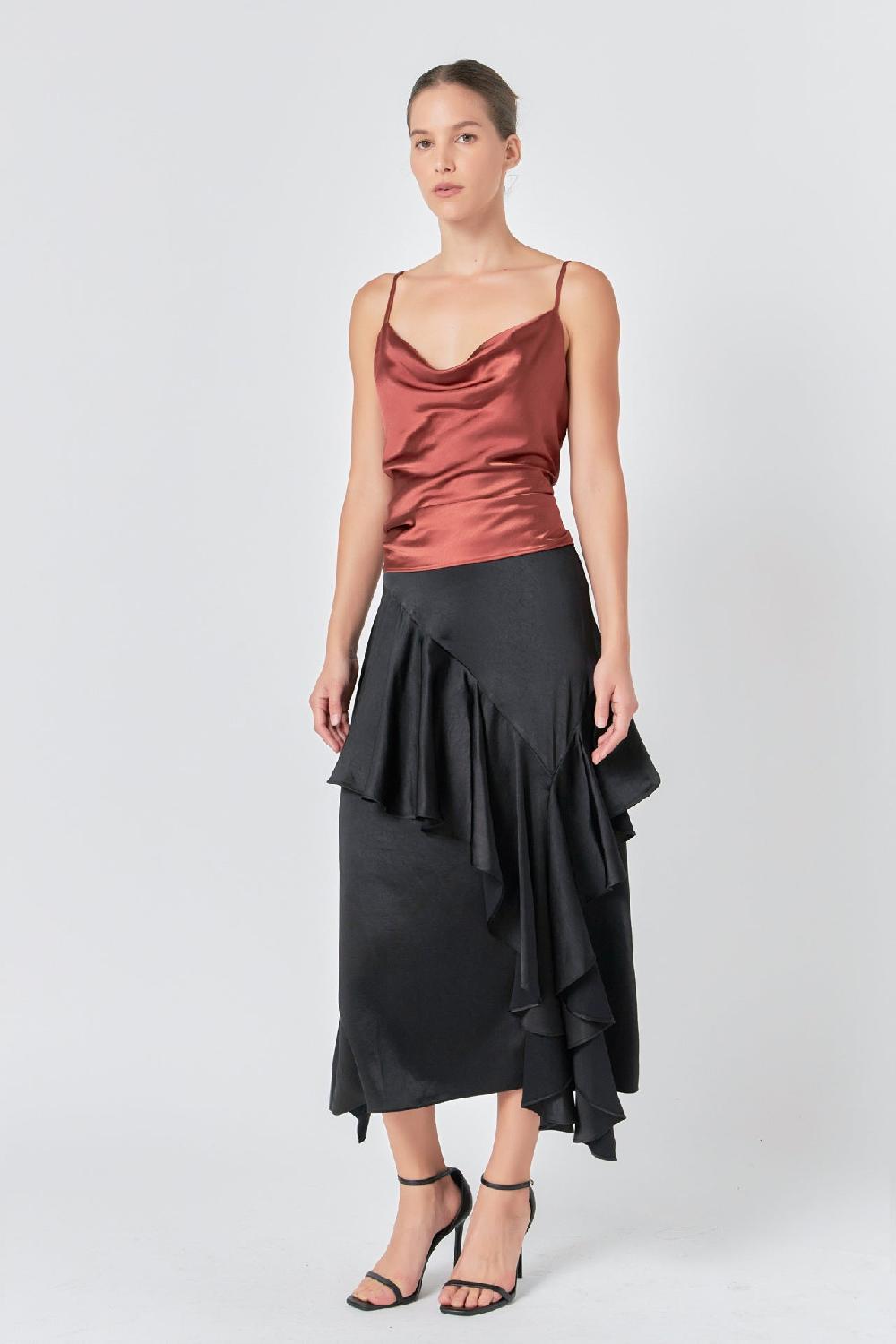 Endless Rose Satin Waterfall Midi Skirt BLACK
