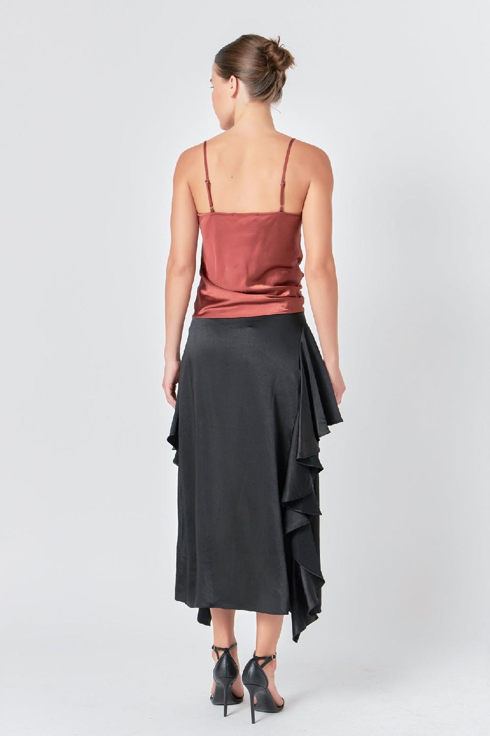 Endless Rose Satin Waterfall Midi Skirt BLACK